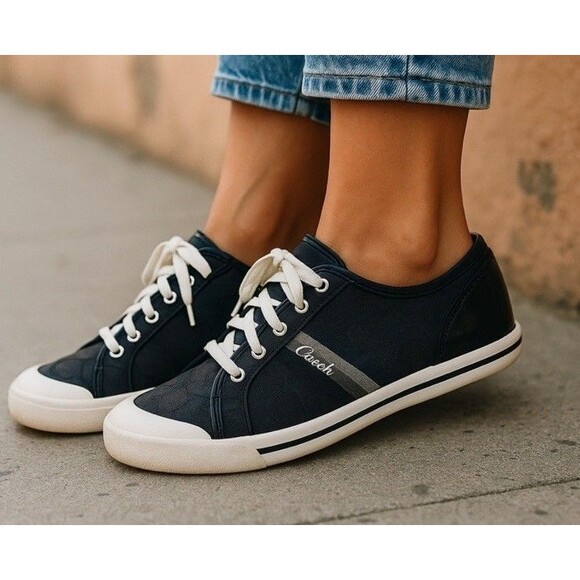 COACH Folly Sneakers Black Canvas & Patent Heel 6 B - Picture 2 of 11